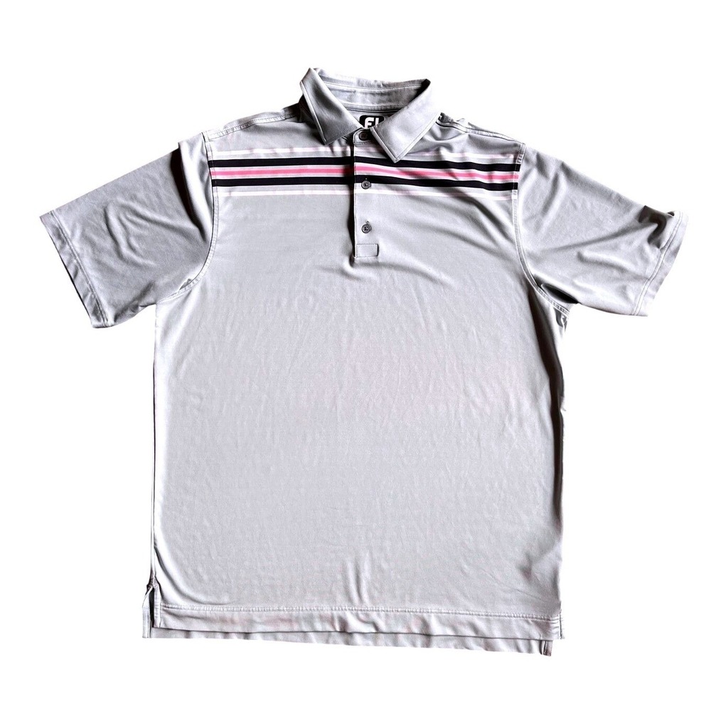 FootJoy Polo Shirt Mens XL Gray Striped Short Sleeve Golf Performance FJ Logo